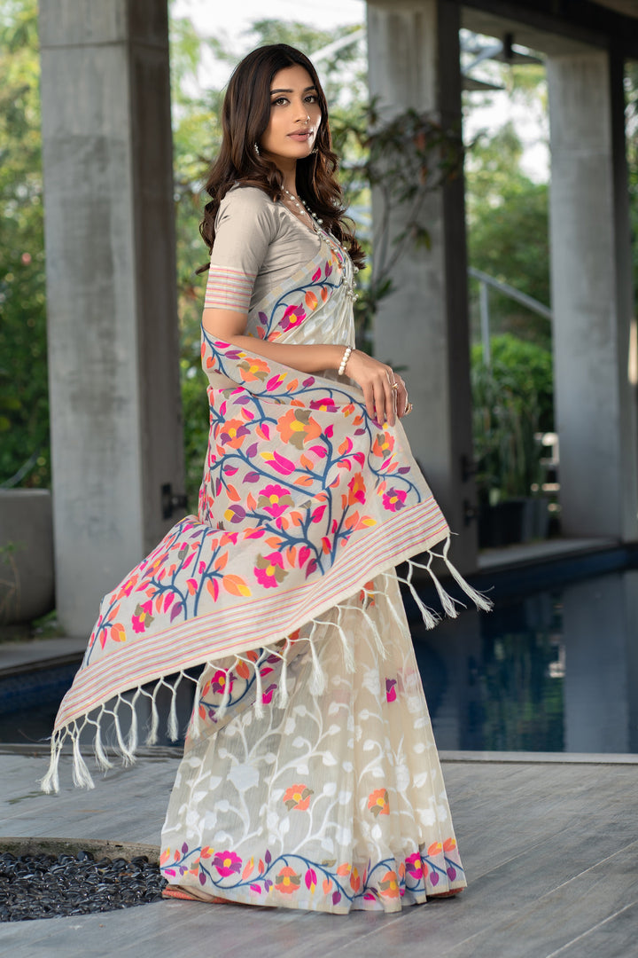 Ruhani Simply Off-White Cotton Jamdani Saree