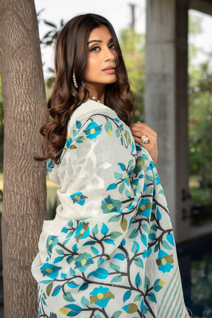 Ruhani Marshmallow White Cotton Jamdani Saree