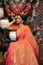 Load image into Gallery viewer, Saachi Silk Peach Banarasi Silk Woven Saree