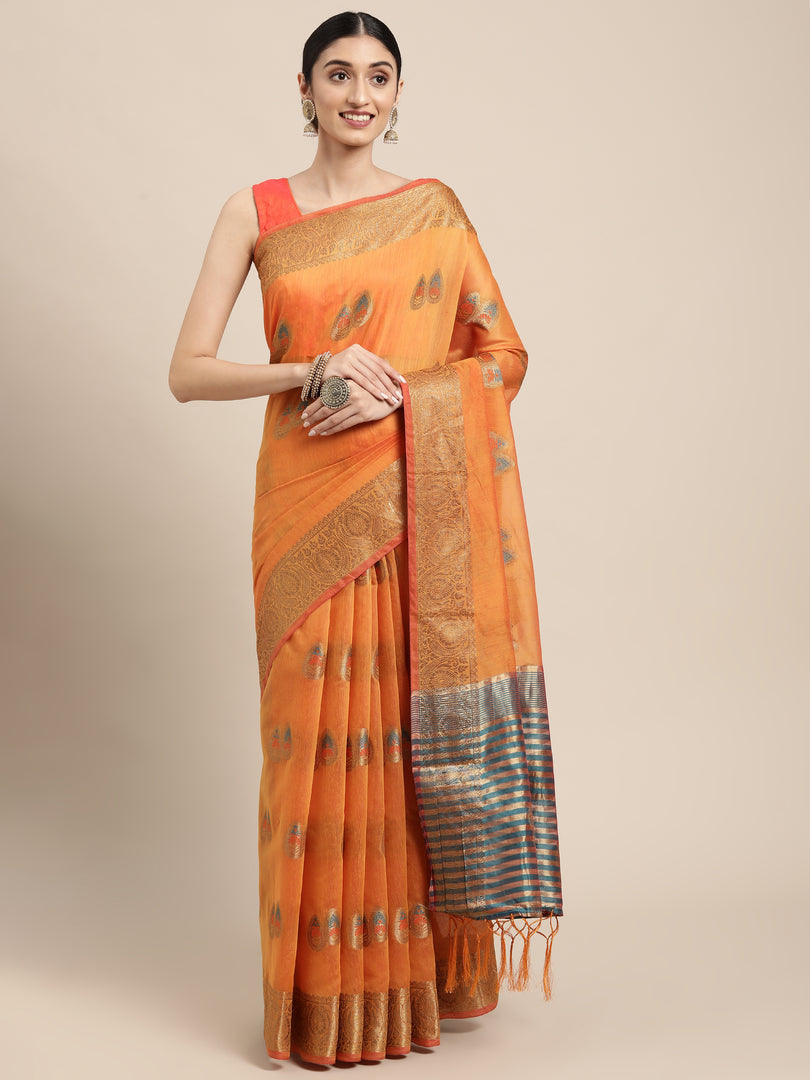 Sagarika Cadmium Yellow Cotton Blend Saree