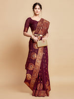 Load image into Gallery viewer, Sargam Burnt Burgundy Zari Woven Design Linen Saree