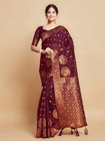 Load image into Gallery viewer, Sargam Burnt Burgundy Zari Woven Design Linen Saree