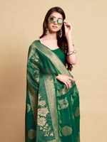 Load image into Gallery viewer, Satrangi Leaf Green Zari Woven Design Linen Saree