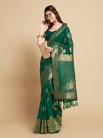 Load image into Gallery viewer, Satrangi Leaf Green Zari Woven Design Linen Saree