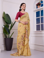 Load image into Gallery viewer, Shailja Mellow Yellow Muga Cotton Jamdani Saree With Contrast Blouse