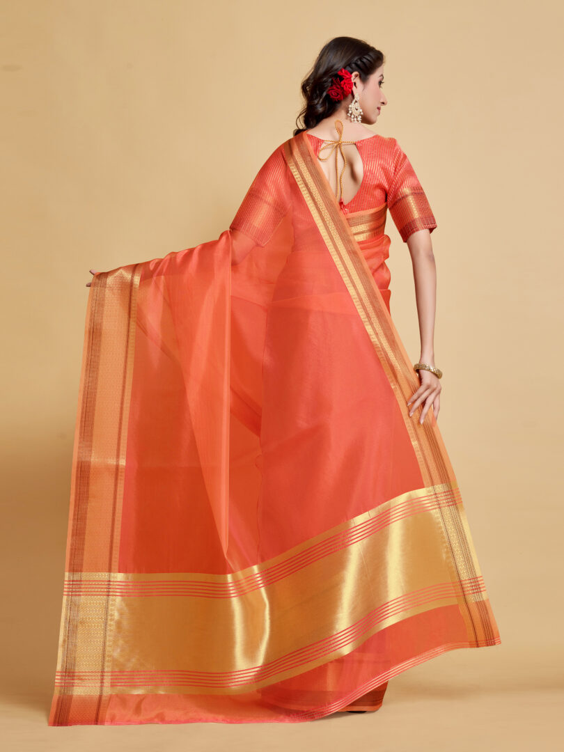 Siya Peach Orange Solid Zari Design Organza Saree