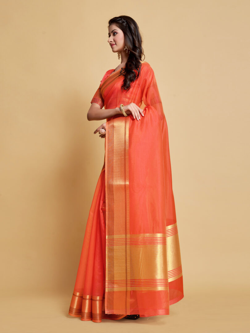 Siya Peach Orange Solid Zari Design Organza Saree
