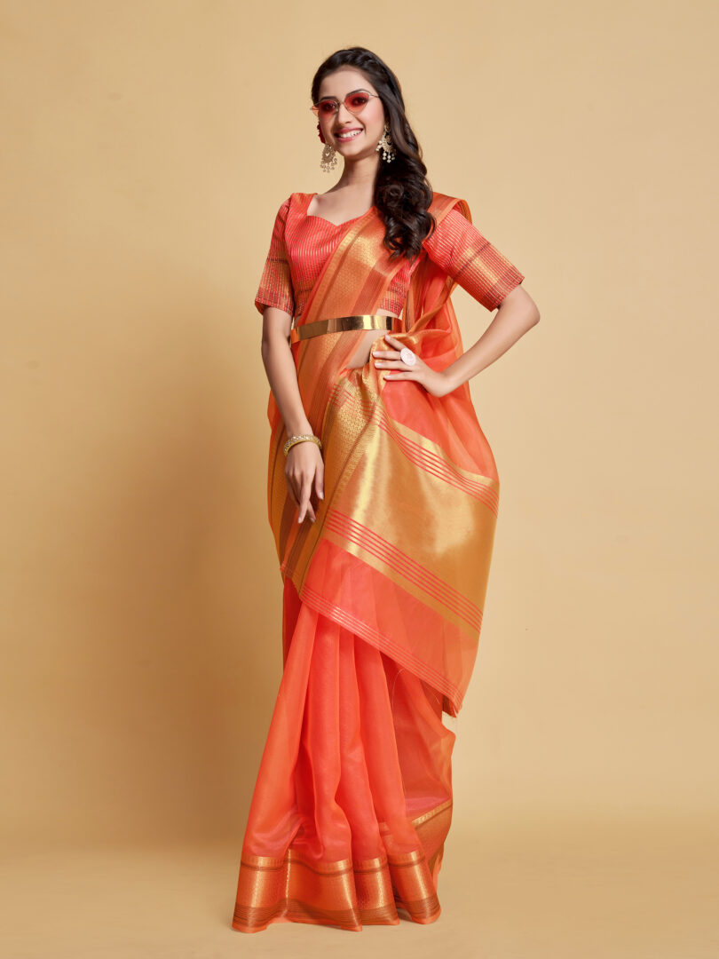 Siya Peach Orange Solid Zari Design Organza Saree