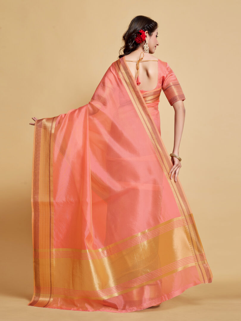 Siya Salmon Pink Solid Zari Design Organza Saree