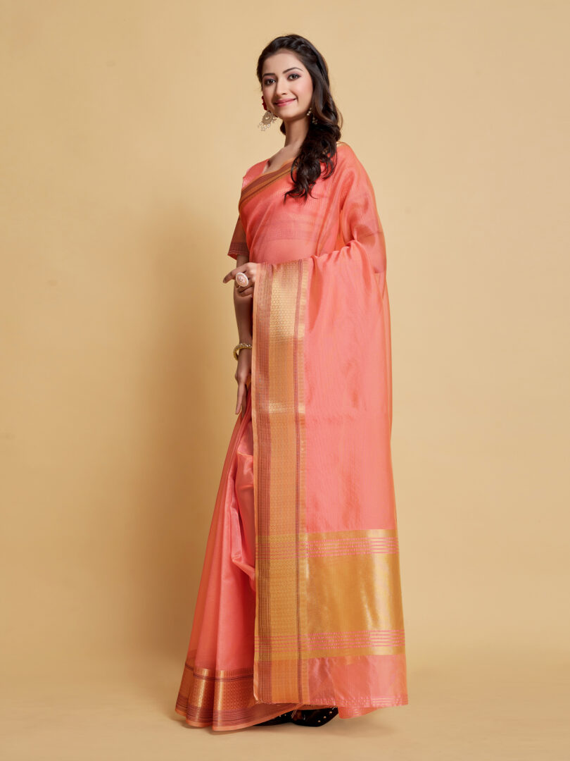 Siya Salmon Pink Solid Zari Design Organza Saree