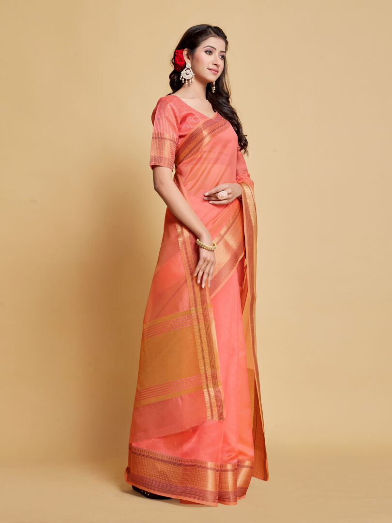 Siya Salmon Pink Solid Zari Design Organza Saree