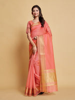 Load image into Gallery viewer, Siya Salmon Pink Solid Zari Design Organza Saree