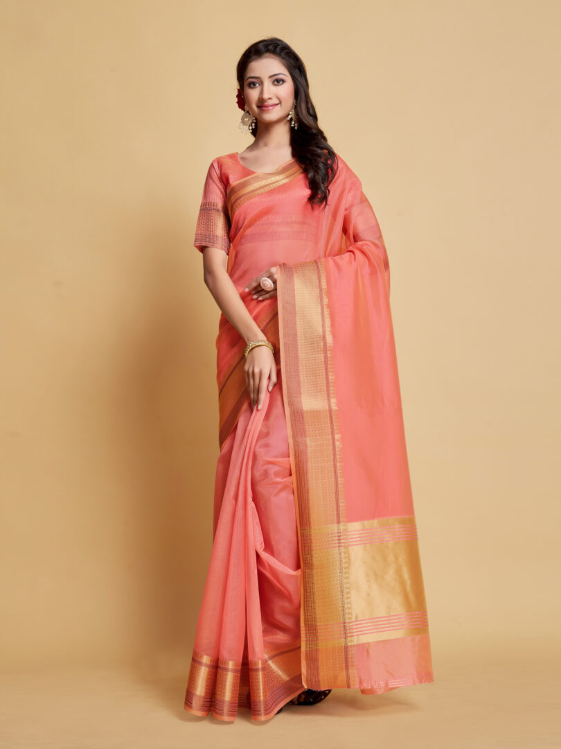 Siya Salmon Pink Solid Zari Design Organza Saree