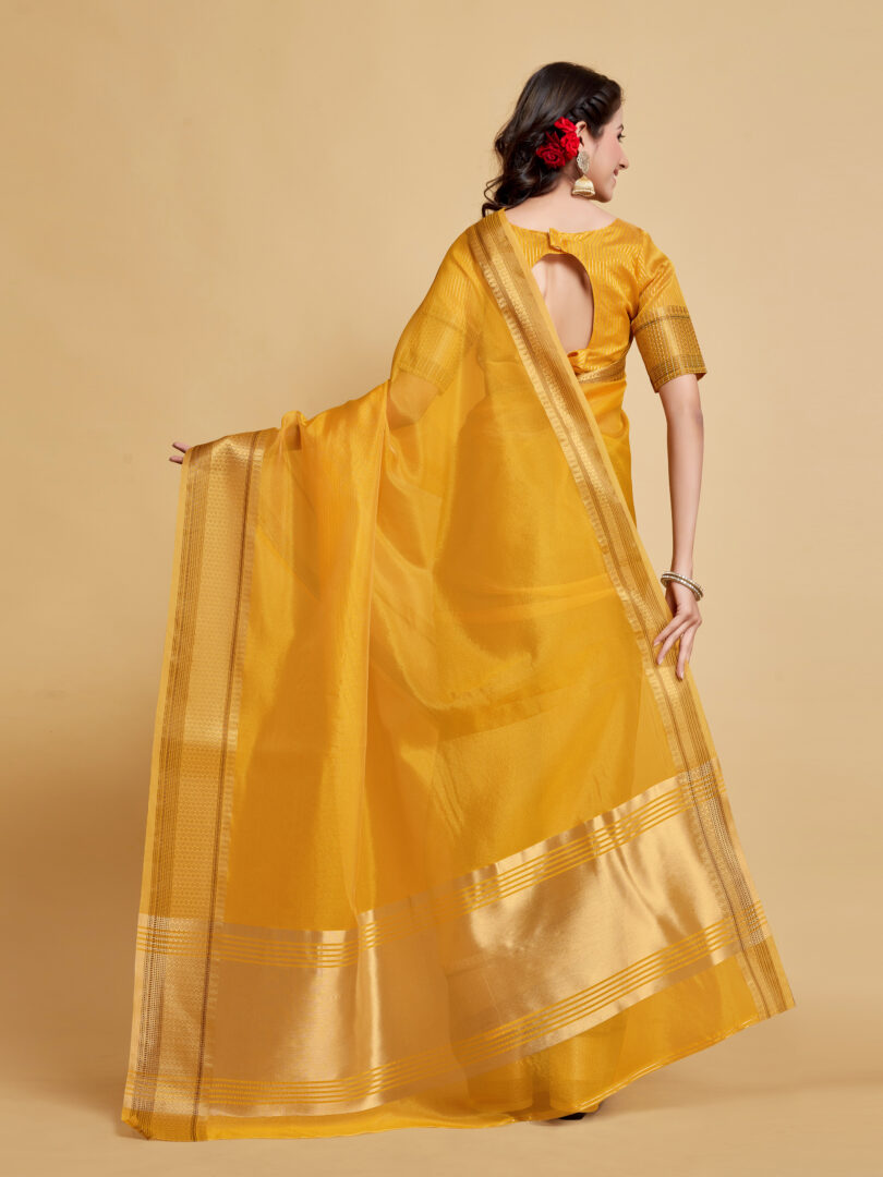 Siya Butterscotch Yellow Solid Zari Design Organza Saree