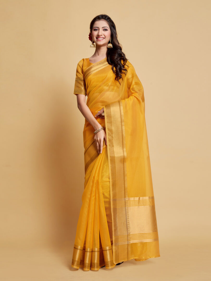 Siya Butterscotch Yellow Solid Zari Design Organza Saree