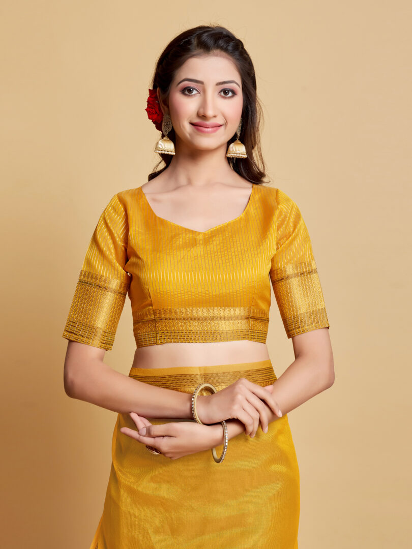 Siya Butterscotch Yellow Solid Zari Design Organza Saree