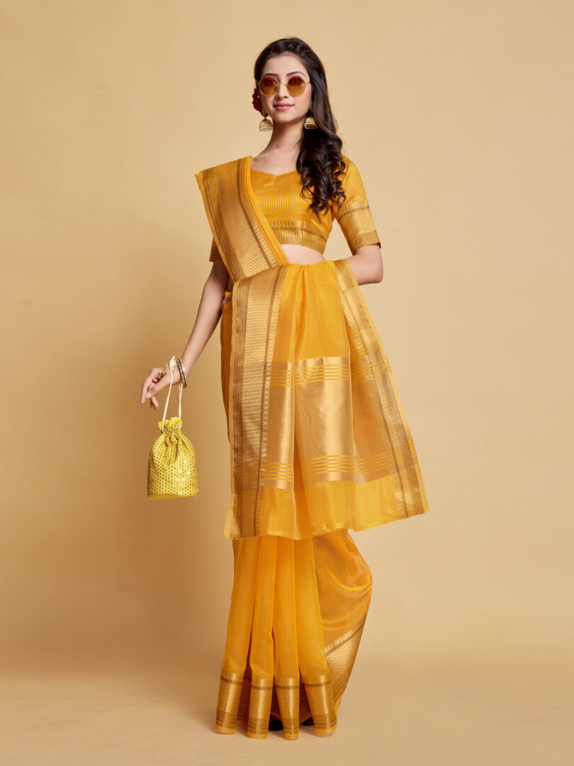 Siya Butterscotch Yellow Solid Zari Design Organza Saree