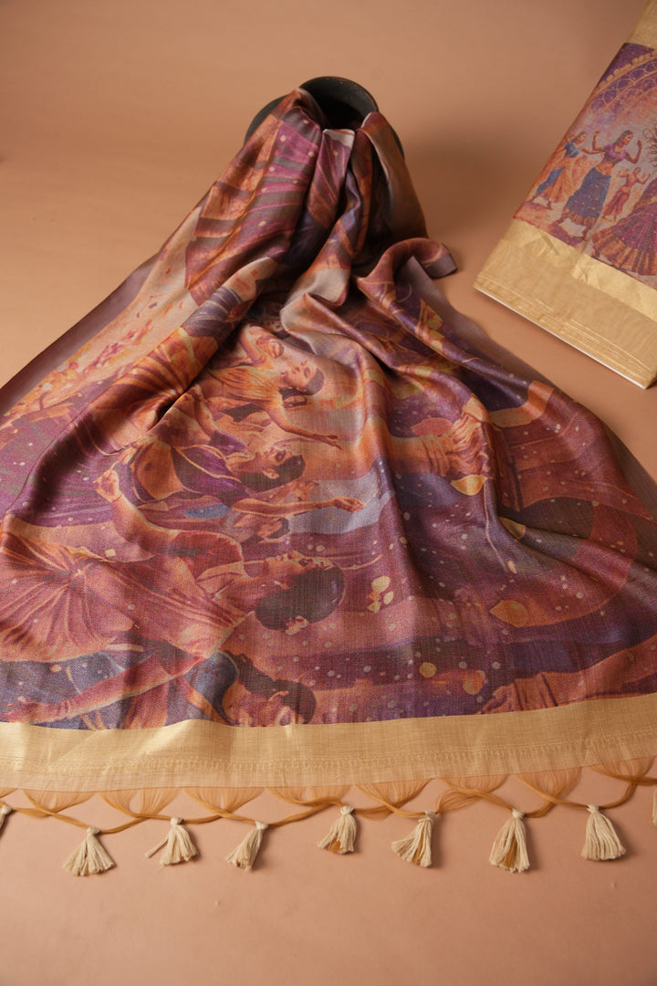 Serene Silhouettes Beige Muga Cotton Woven Senery Unstitched Suit Set