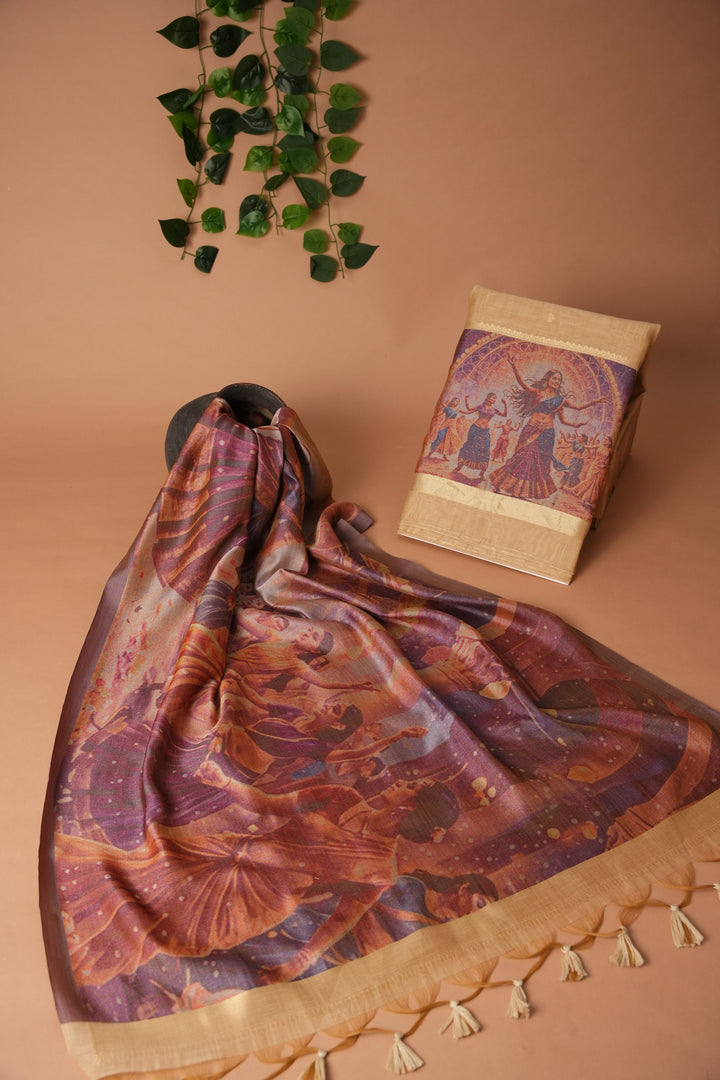 Serene Silhouettes Beige Muga Cotton Woven Senery Unstitched Suit Set