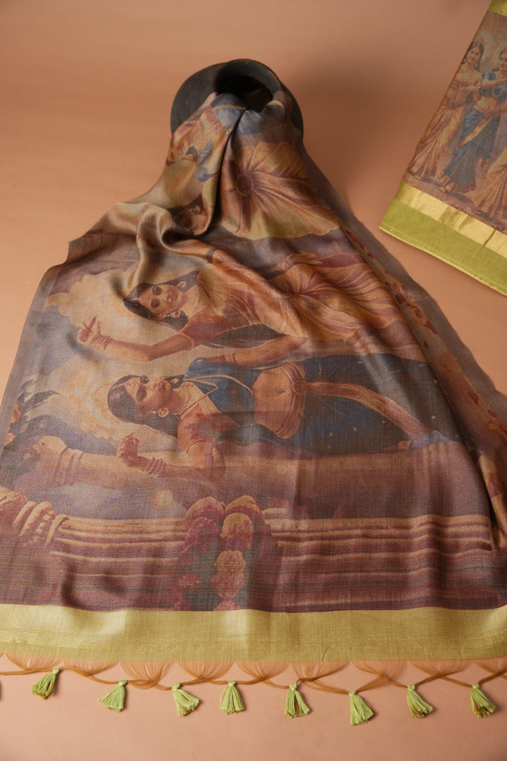 Serene Silhouettes Green Muga Cotton Woven Senery Unstitched Suit Set