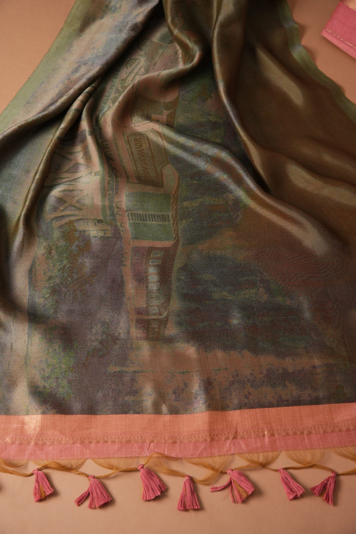 Serene Silhouettes Pink Muga Cotton Woven Senery Unstitched Suit Set