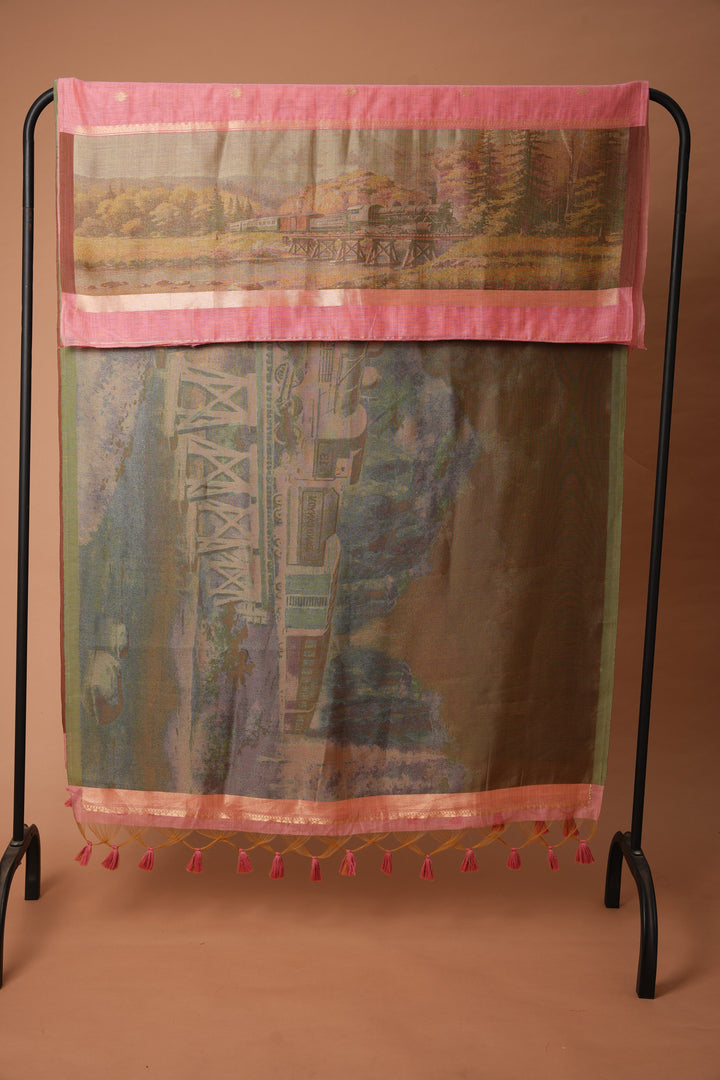 Serene Silhouettes Pink Muga Cotton Woven Senery Unstitched Suit Set