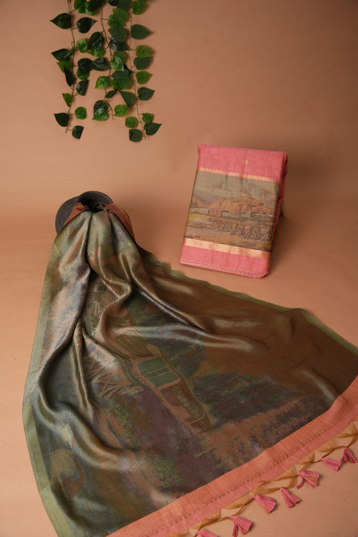 Serene Silhouettes Pink Muga Cotton Woven Senery Unstitched Suit Set