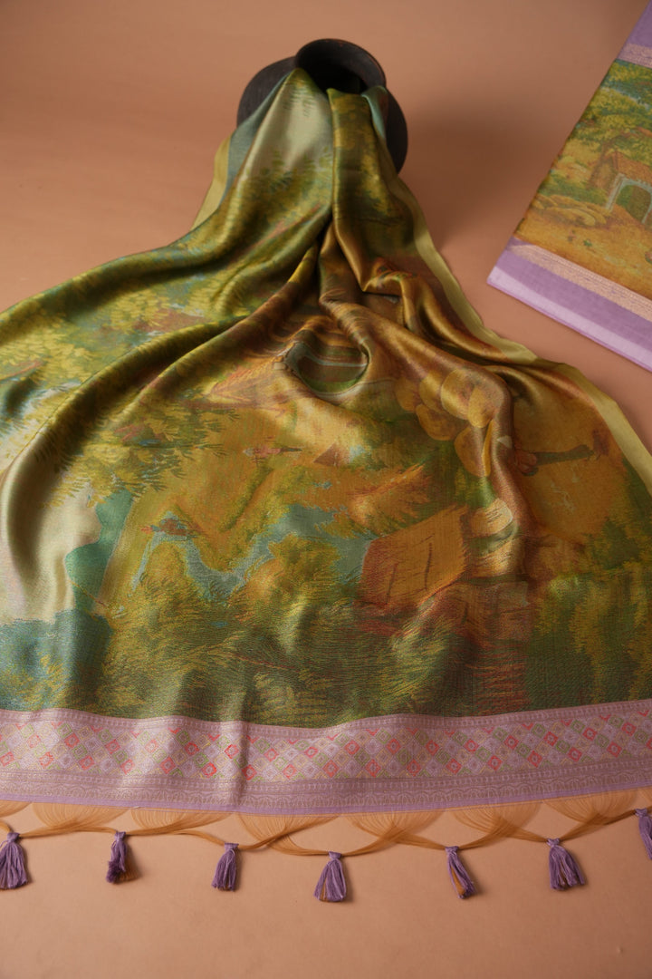 Serene Silhouettes Purple Muga Cotton Woven Senery Unstitched Suit Set