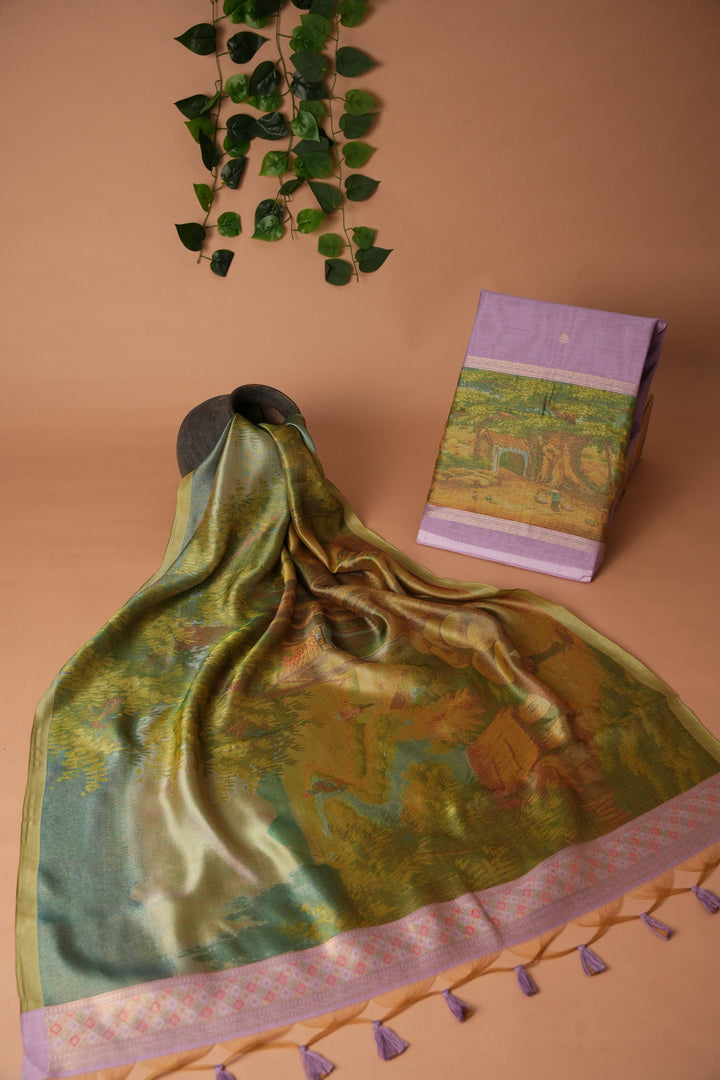 Serene Silhouettes Purple Muga Cotton Woven Senery Unstitched Suit Set