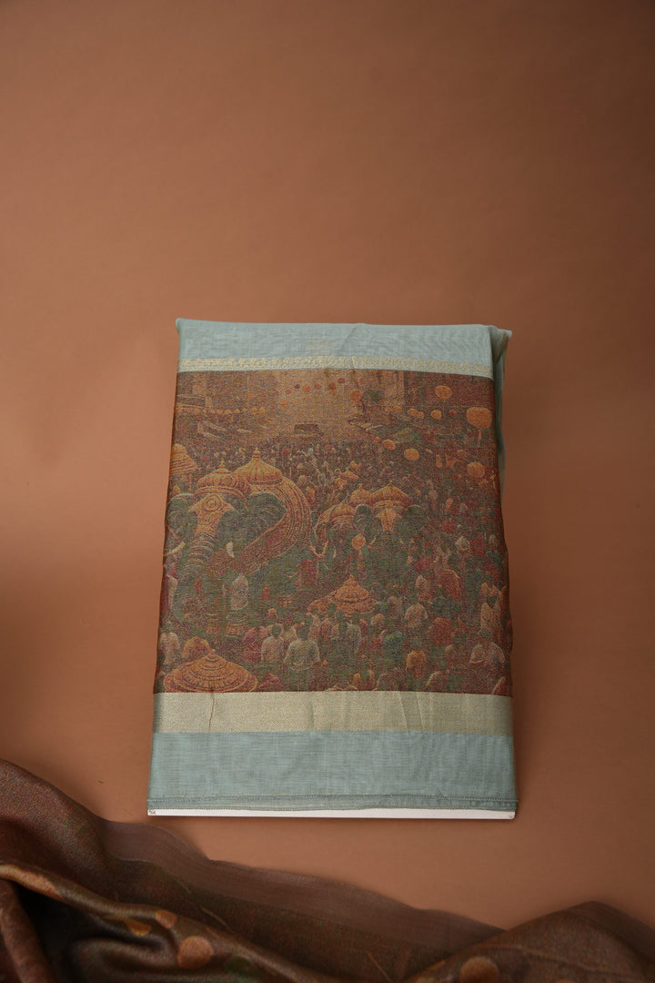 Serene Silhouettes Blue Muga Cotton Woven Senery Unstitched Suit Set