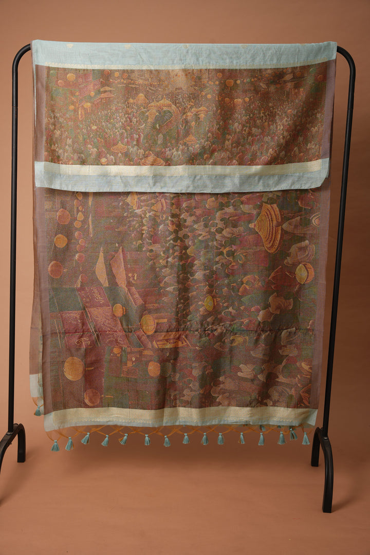 Serene Silhouettes Blue Muga Cotton Woven Senery Unstitched Suit Set