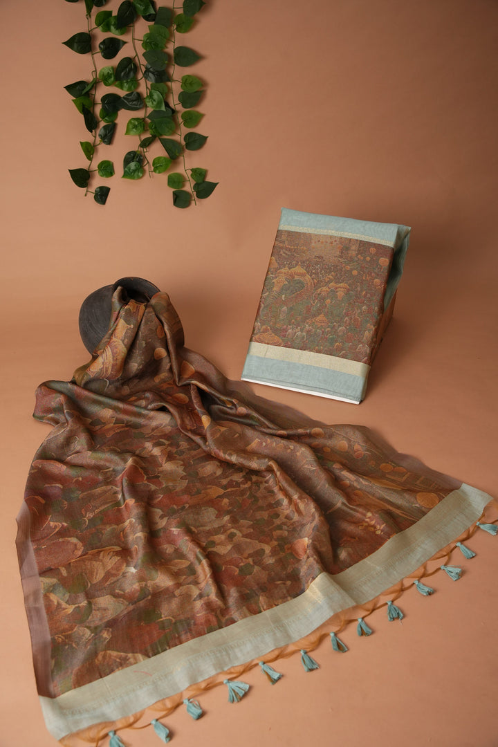 Serene Silhouettes Blue Muga Cotton Woven Senery Unstitched Suit Set