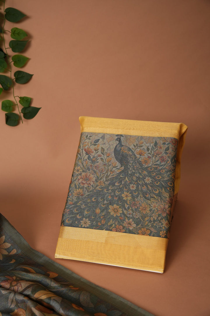 Serene Silhouettes Yellow Muga Cotton Woven Senery Unstitched Suit Set