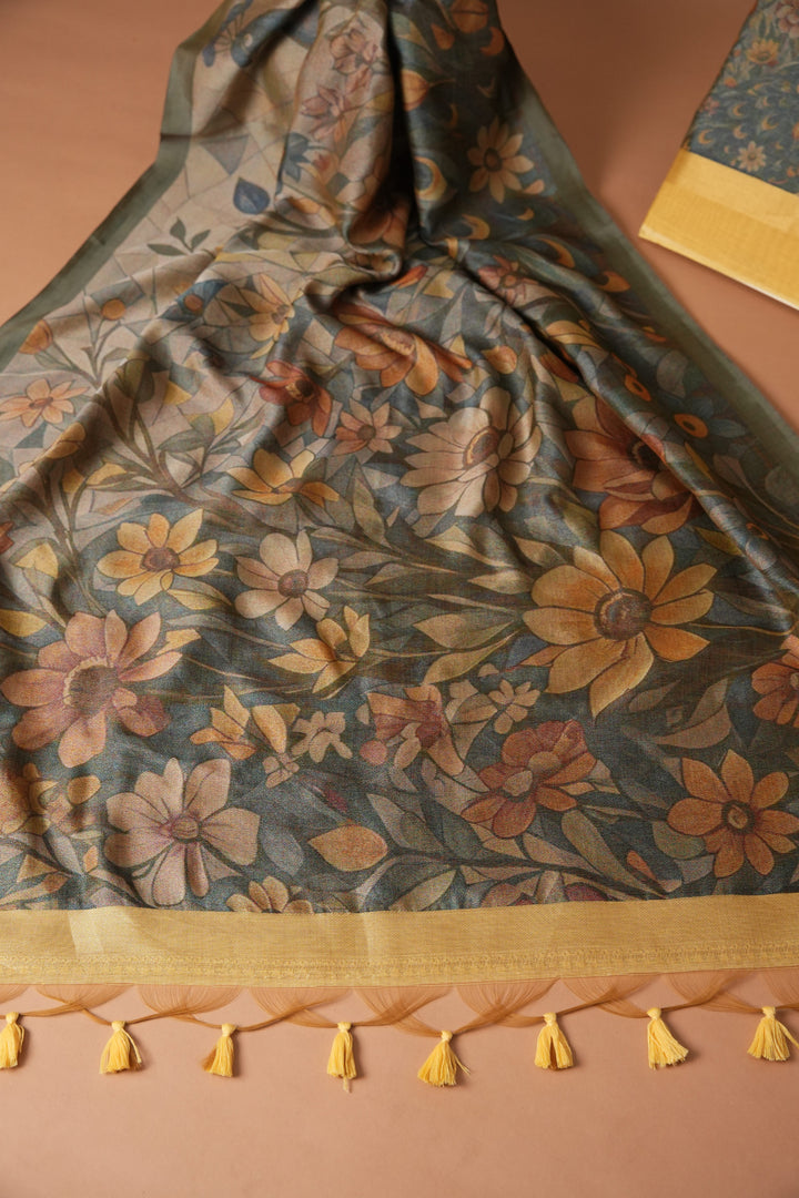 Serene Silhouettes Yellow Muga Cotton Woven Senery Unstitched Suit Set