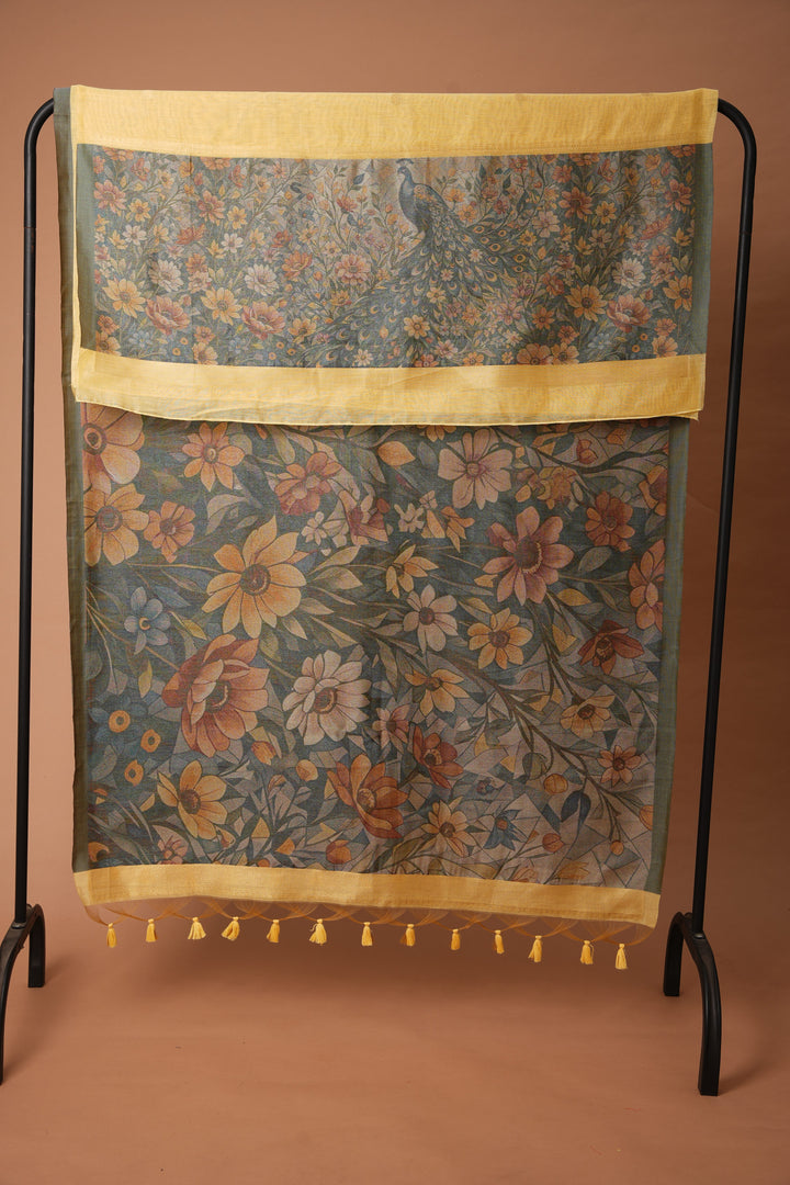 Serene Silhouettes Yellow Muga Cotton Woven Senery Unstitched Suit Set