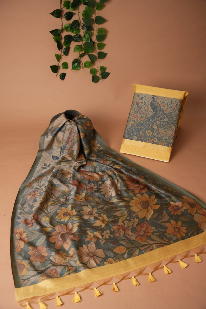 Serene Silhouettes Yellow Muga Cotton Woven Senery Unstitched Suit Set