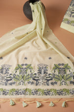 Load image into Gallery viewer, Avant Attire Mint Green Pichwai Jamdani Muga Cotton Unstitched Suit Set