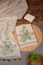 Load image into Gallery viewer, Floral Whispers Blue Muga Cotton Unstitched Suit Set