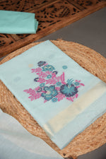 Load image into Gallery viewer, Cotton Bloom Sky Blue Muga Cotton Unstitched Suit Set