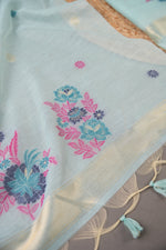 Load image into Gallery viewer, Cotton Bloom Sky Blue Muga Cotton Unstitched Suit Set