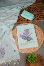 Load image into Gallery viewer, Cotton Bloom Sky Blue Muga Cotton Unstitched Suit Set