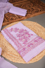 Load image into Gallery viewer, Floral Silhouettes Lavender Muga Cotton Unstitched Suit Set