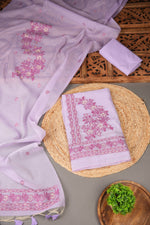 Load image into Gallery viewer, Floral Silhouettes Lavender Muga Cotton Unstitched Suit Set