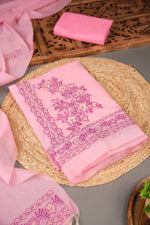 Load image into Gallery viewer, Floral Silhouettes Pink Muga Cotton Unstitched Suit Set