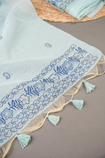 Load image into Gallery viewer, Floral Silhouettes Sky Blue Muga Cotton Unstitched Suit Set