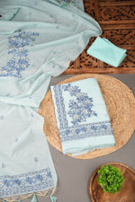 Load image into Gallery viewer, Floral Silhouettes Sky Blue Muga Cotton Unstitched Suit Set