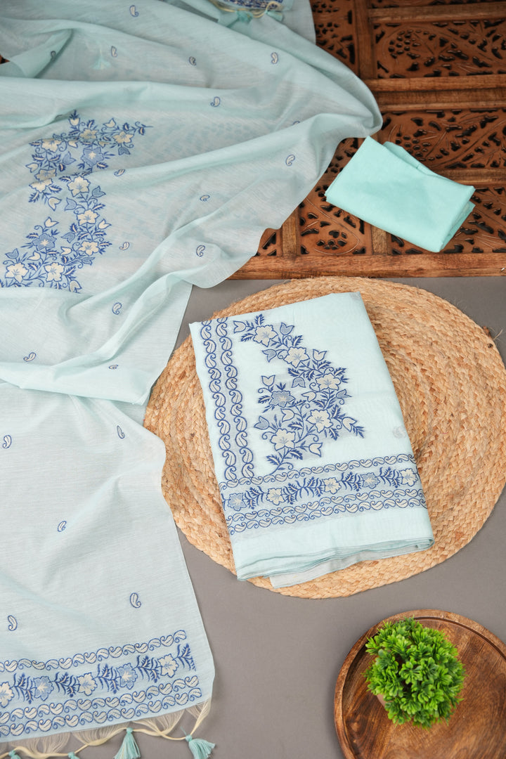 Floral Silhouettes Sky Blue Muga Cotton Unstitched Suit Set