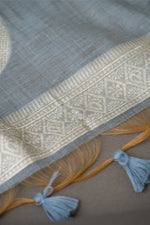 Load image into Gallery viewer, Wildflower Hues Greyish Blue Muga Cotton Unstitched Suit Set