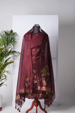 Load image into Gallery viewer, Raw Grace Maroon Muga Cotton Jamdani Unstitched Suit Set