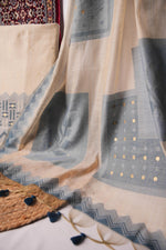 Load image into Gallery viewer, Crimson Echo Blue Muga Cotton Unstitched Suit Set